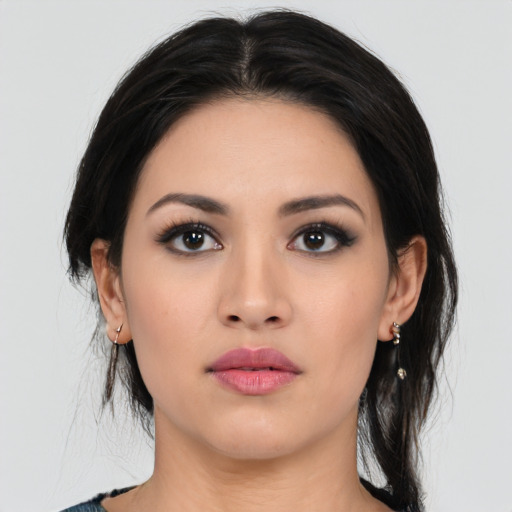 Neutral asian young-adult female with medium  black hair and brown eyes