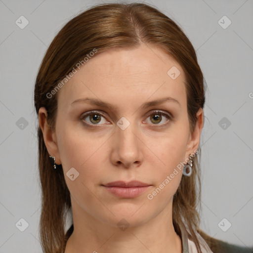 Neutral white young-adult female with medium  brown hair and brown eyes