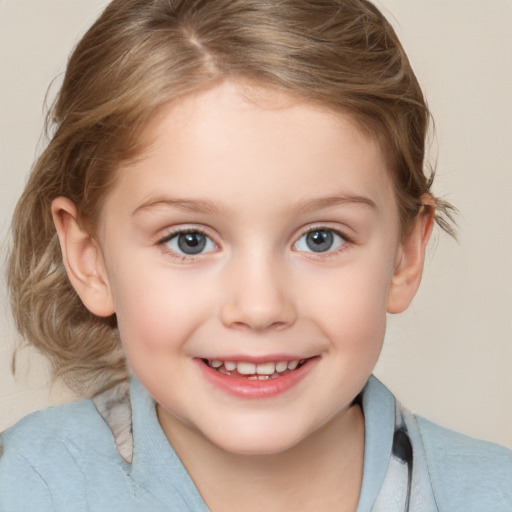 Joyful white child female with medium  brown hair and blue eyes