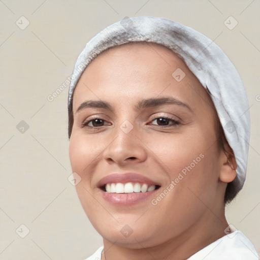 Joyful white young-adult female with short  black hair and brown eyes