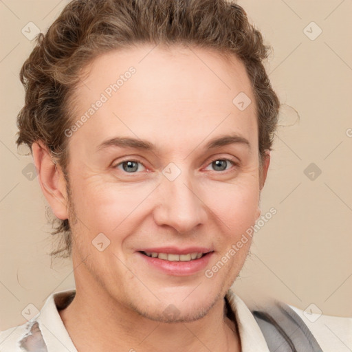 Joyful white adult female with short  brown hair and grey eyes