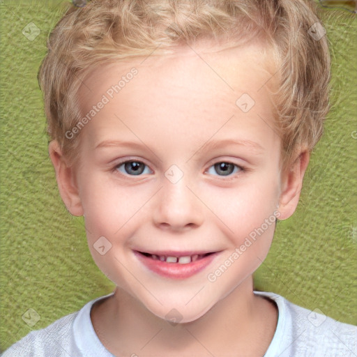 Joyful white child female with short  brown hair and grey eyes