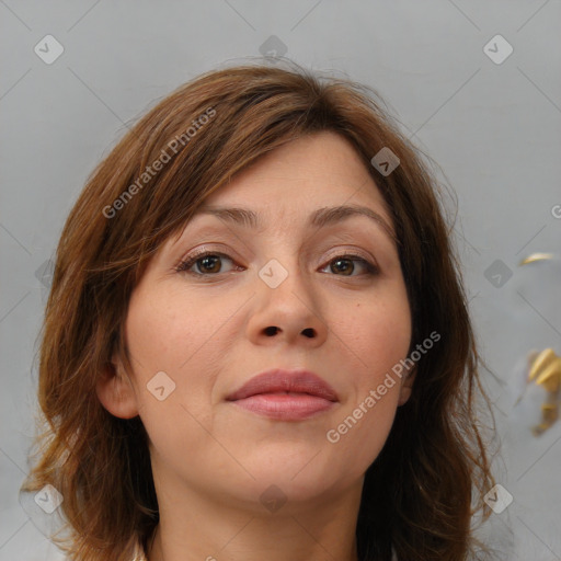 Neutral white young-adult female with medium  brown hair and brown eyes