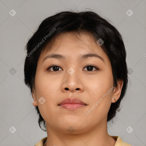 Neutral asian young-adult female with medium  brown hair and brown eyes