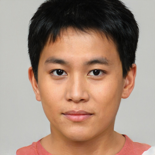 Neutral asian young-adult male with short  brown hair and brown eyes