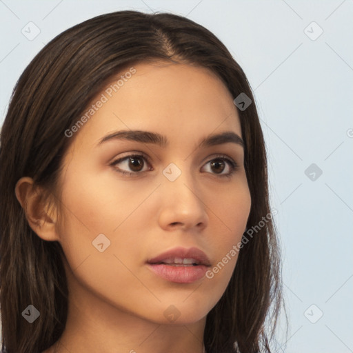 Neutral white young-adult female with long  brown hair and brown eyes