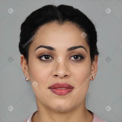 Joyful latino young-adult female with short  brown hair and brown eyes