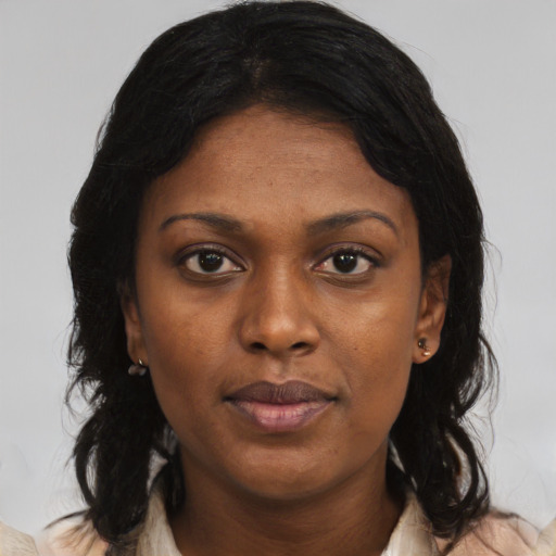 Neutral asian young-adult female with medium  black hair and brown eyes