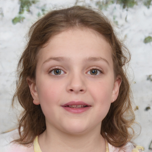 Joyful white child female with medium  brown hair and blue eyes