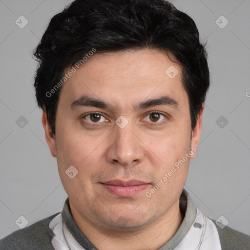 Neutral white adult male with short  black hair and brown eyes