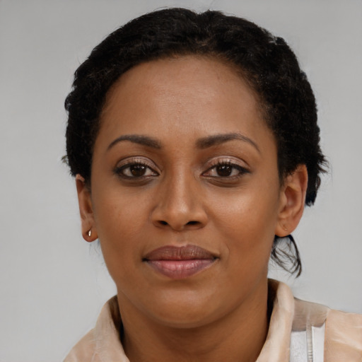 Joyful black young-adult female with short  brown hair and brown eyes