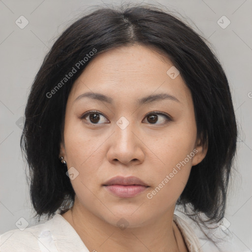 Neutral asian young-adult female with medium  brown hair and brown eyes