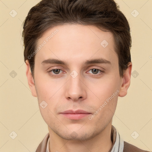 Neutral white young-adult male with short  brown hair and brown eyes