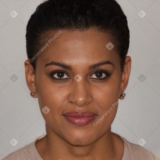 Joyful black young-adult female with short  brown hair and brown eyes