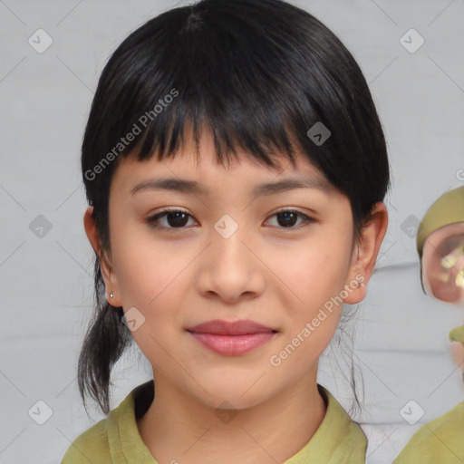 Joyful asian young-adult female with medium  black hair and brown eyes