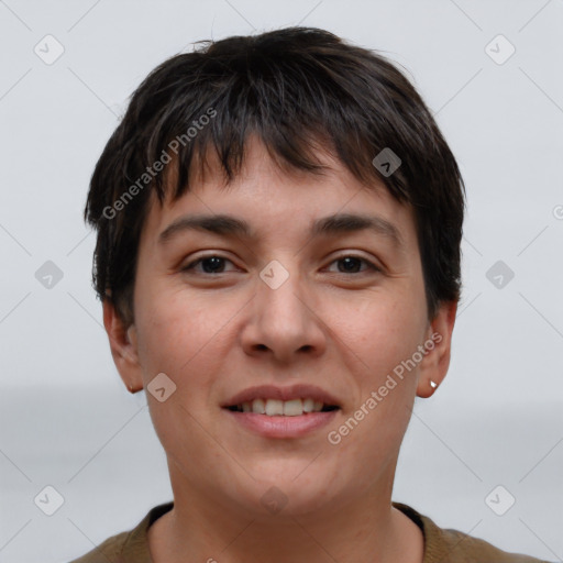 Joyful white young-adult female with short  brown hair and brown eyes