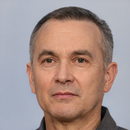 Neutral white middle-aged male with short  black hair and brown eyes