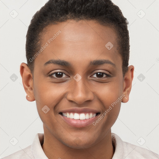 Joyful black young-adult female with short  brown hair and brown eyes