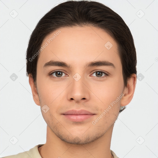 Neutral white young-adult male with short  brown hair and brown eyes