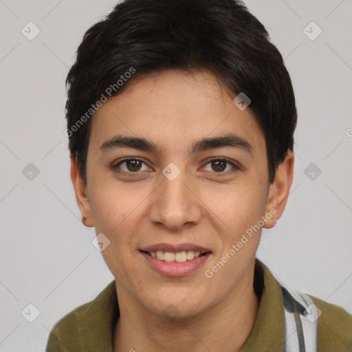 Joyful latino young-adult male with short  brown hair and brown eyes