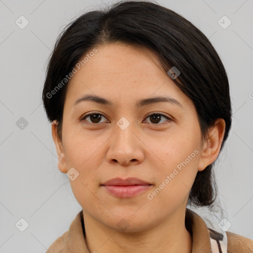 Joyful asian young-adult female with medium  brown hair and brown eyes