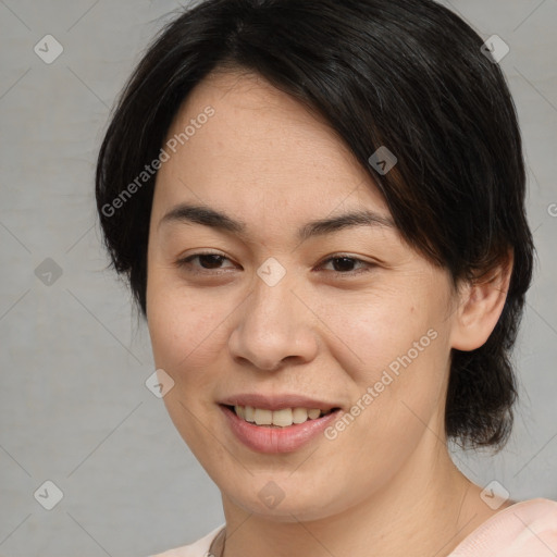 Joyful white young-adult female with medium  brown hair and brown eyes