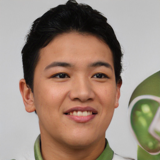 Joyful asian young-adult male with short  black hair and brown eyes