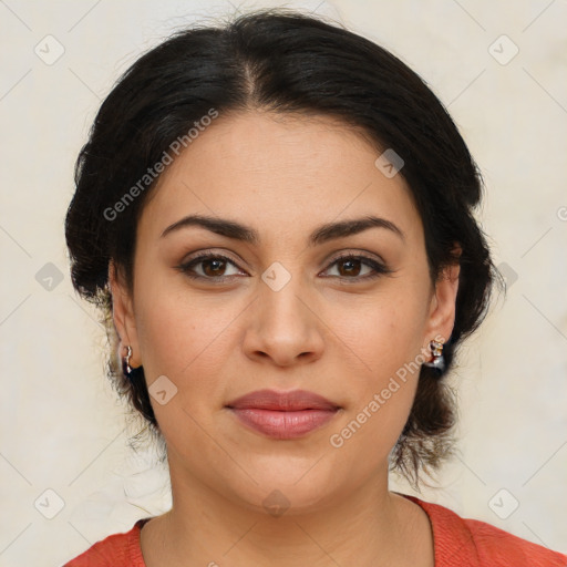 Joyful latino young-adult female with medium  brown hair and brown eyes