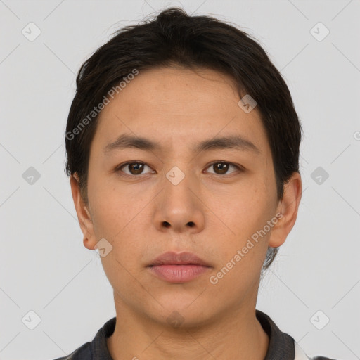 Neutral asian young-adult male with short  brown hair and brown eyes