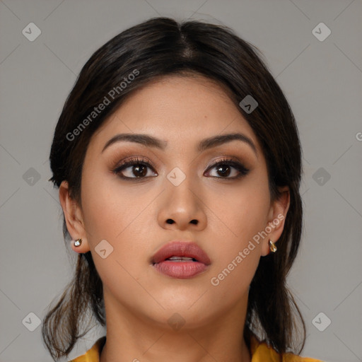 Neutral asian young-adult female with medium  brown hair and brown eyes