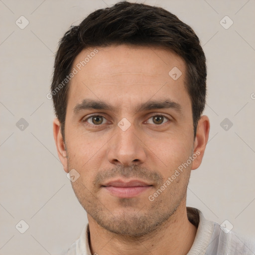 Neutral white young-adult male with short  brown hair and brown eyes