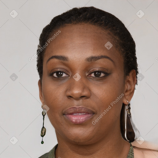 Neutral black young-adult female with short  brown hair and brown eyes
