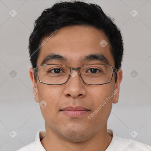 Neutral asian young-adult male with short  brown hair and brown eyes