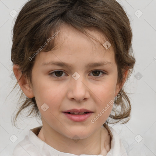 Joyful white child female with medium  brown hair and brown eyes