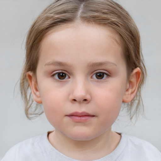 Neutral white child female with medium  brown hair and grey eyes