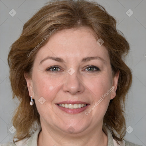 Joyful white adult female with medium  brown hair and grey eyes