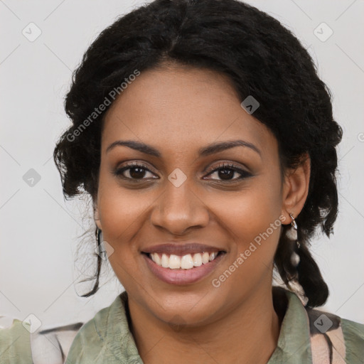 Joyful black young-adult female with long  brown hair and brown eyes