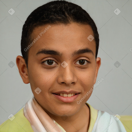 Joyful latino young-adult male with short  brown hair and brown eyes
