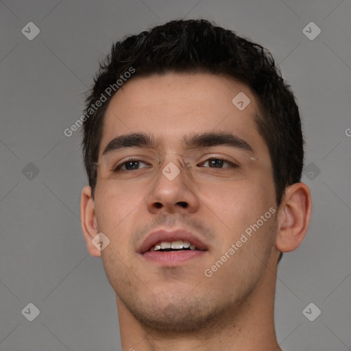 Neutral white young-adult male with short  brown hair and brown eyes