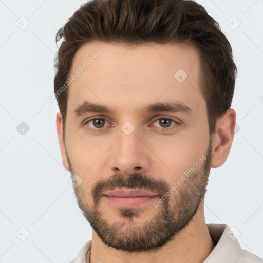 Joyful white young-adult male with short  brown hair and brown eyes