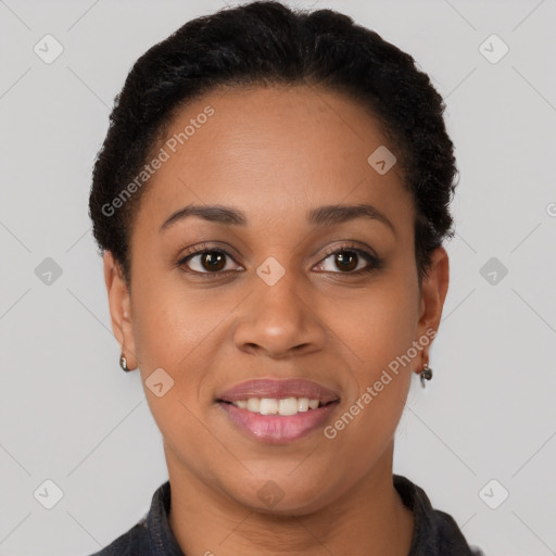 Joyful latino young-adult female with short  brown hair and brown eyes