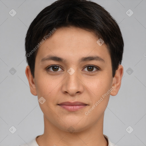 Joyful white young-adult female with short  brown hair and brown eyes