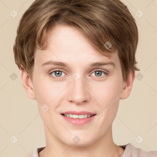 Joyful white young-adult female with short  brown hair and grey eyes