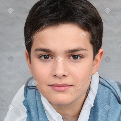 Joyful white child male with short  brown hair and brown eyes