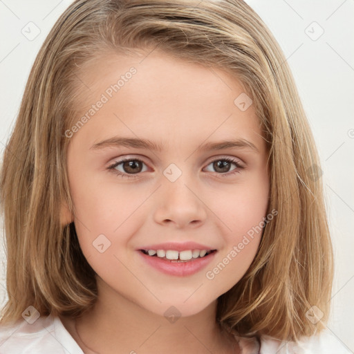 Joyful white child female with medium  brown hair and brown eyes