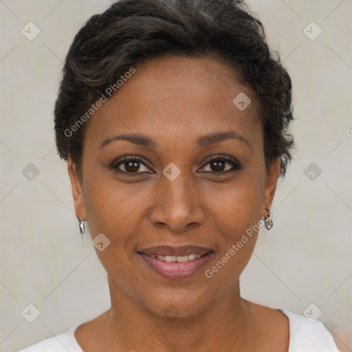 Joyful black young-adult female with short  brown hair and brown eyes