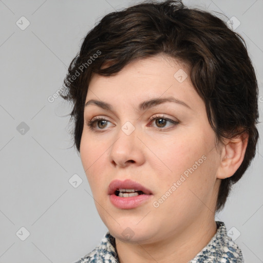 Neutral white young-adult female with medium  brown hair and brown eyes