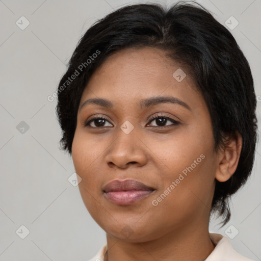 Joyful asian young-adult female with medium  black hair and brown eyes