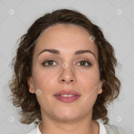 Joyful white young-adult female with medium  brown hair and green eyes