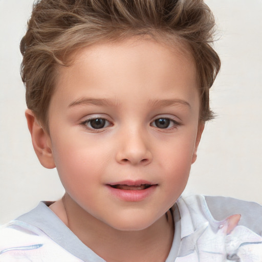 Joyful white child female with short  brown hair and brown eyes